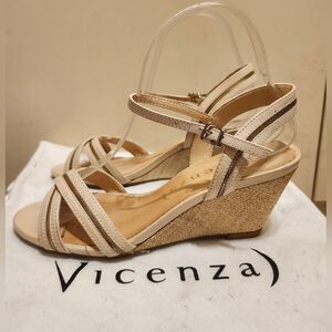 NEW Anthropologie Vicenza Tan Leather/Gld Metal Woven Wedge Sandals Sz.7/37 $195
